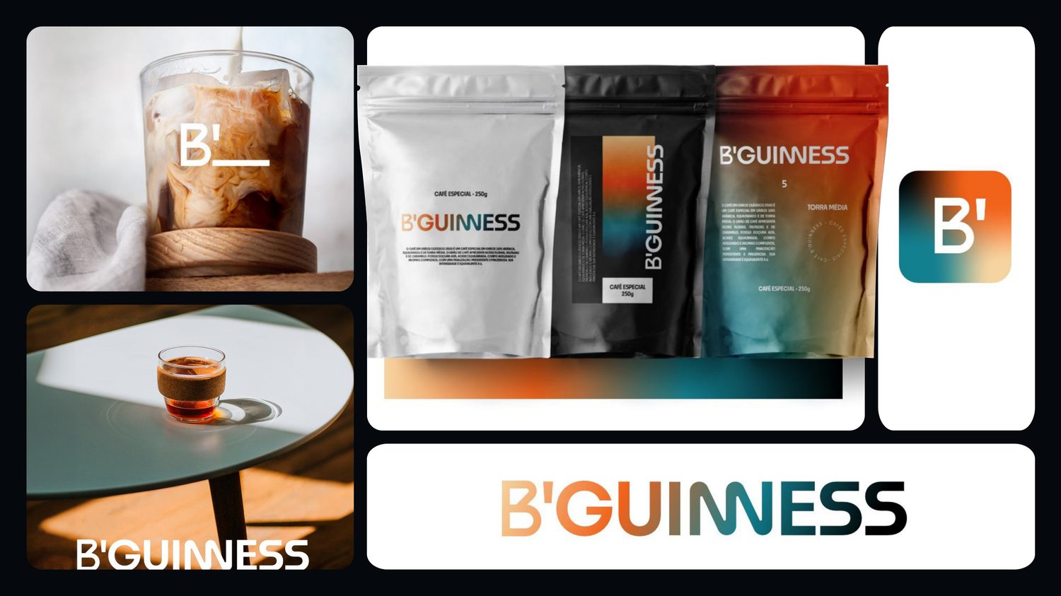 B'Guinness coffee brand identity on cups, coffee bags and signage