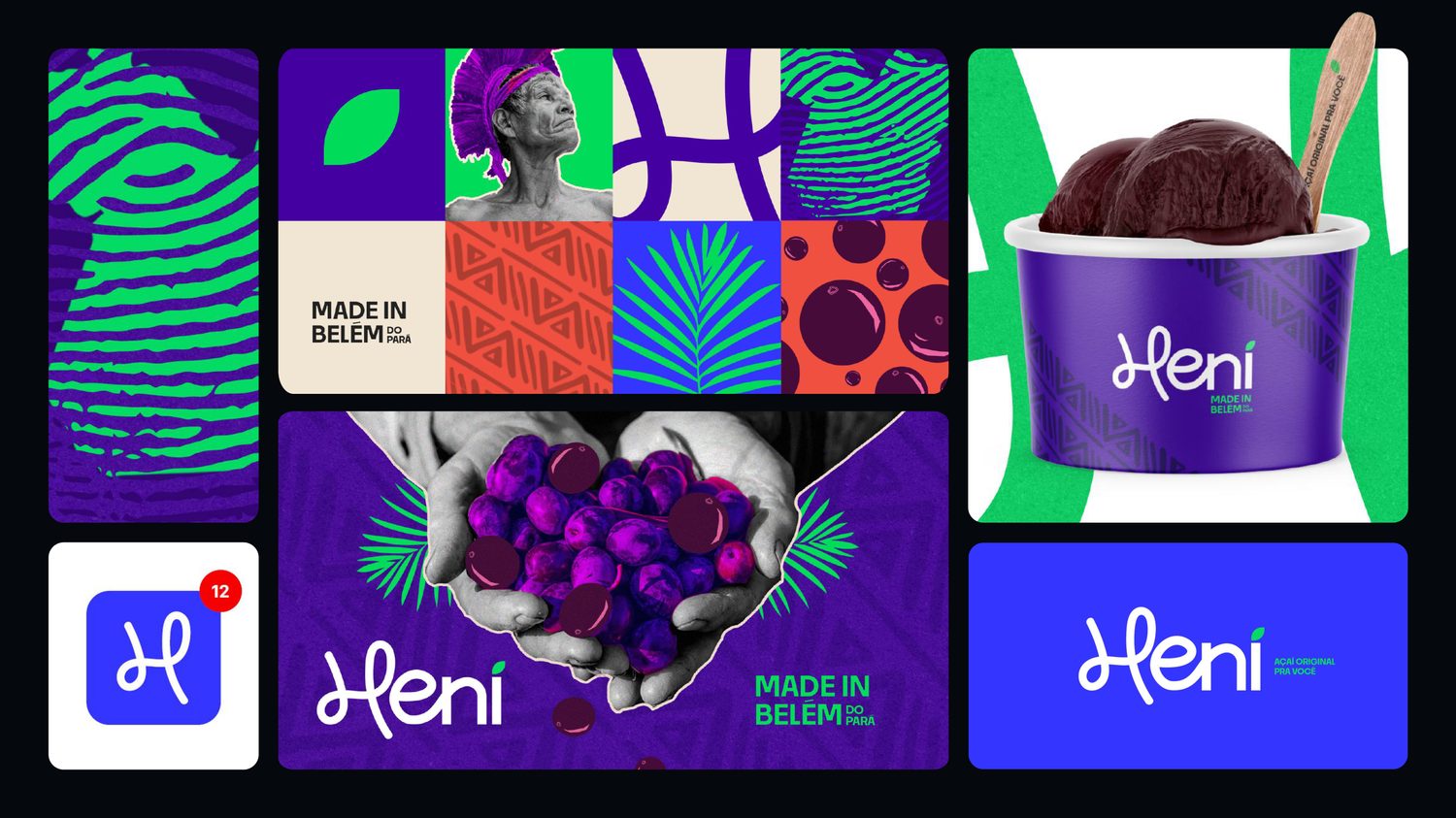 Heni brand identity: purple and green pattern tiles, the hand-lettered logo and an açaí cup, designed by Franzé Studio