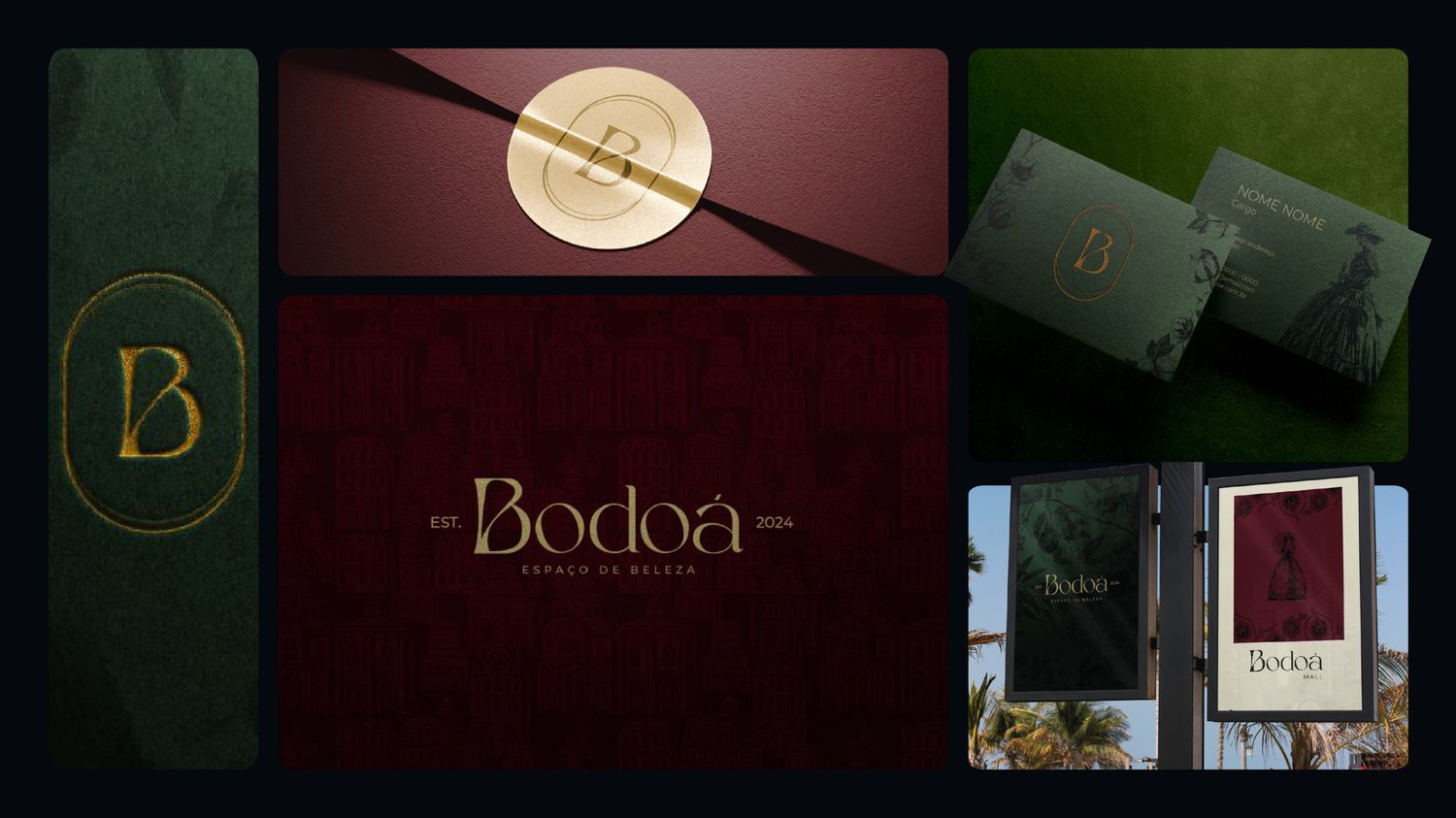 Bodoá brand identity: monogram, gold lettering on burgundy and deep green packaging, designed by Franzé Studio