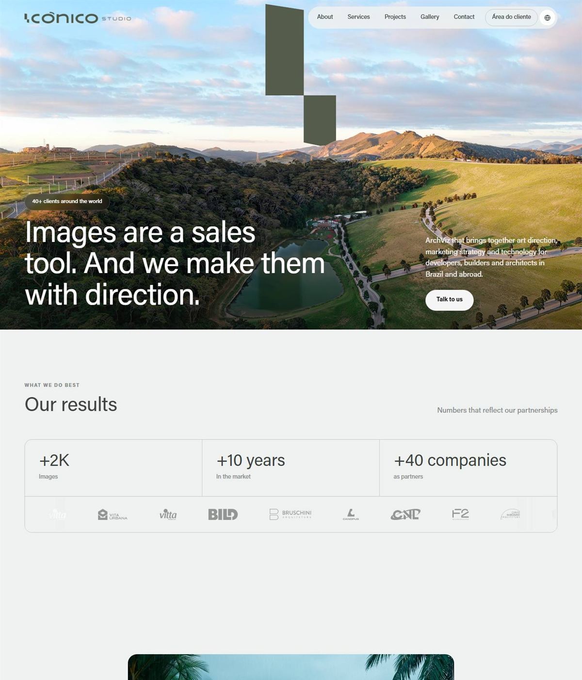 The top of the Icônico Studio website, for an architectural visualization studio, designed by Franzé Studio