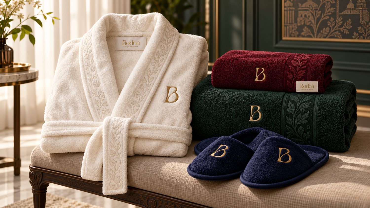 Robe, towels and slippers with the Bodoá identity