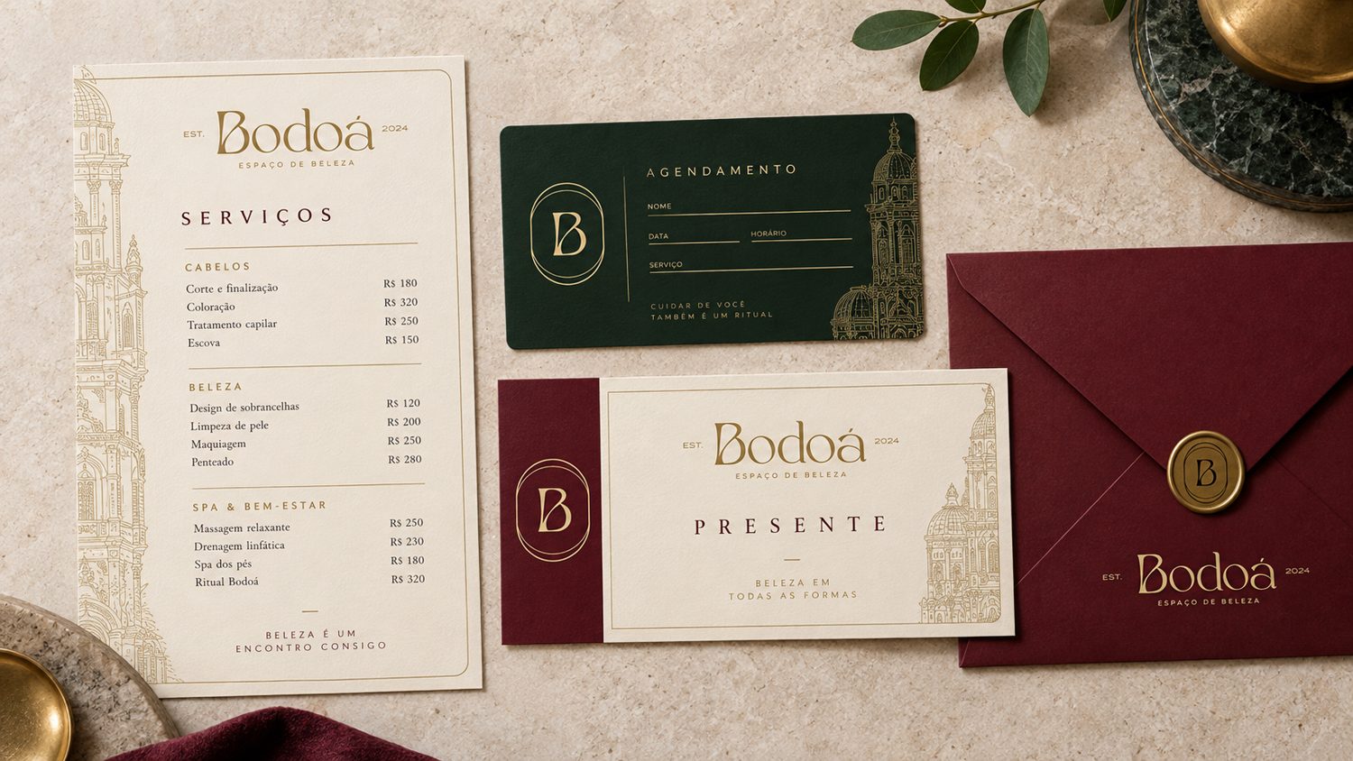 Bodoá stationery system, service menu, appointment card and gift voucher