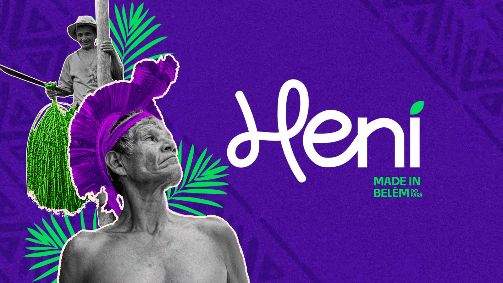 The Heni logo in white on açaí purple, next to an açaí harvester and an Indigenous elder in a feather headdress