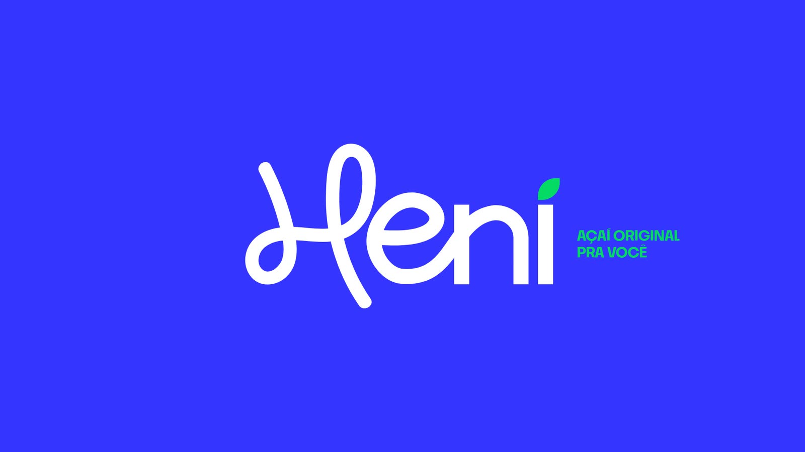 The Heni logo in white on royal blue, with the line Açaí original pra você
