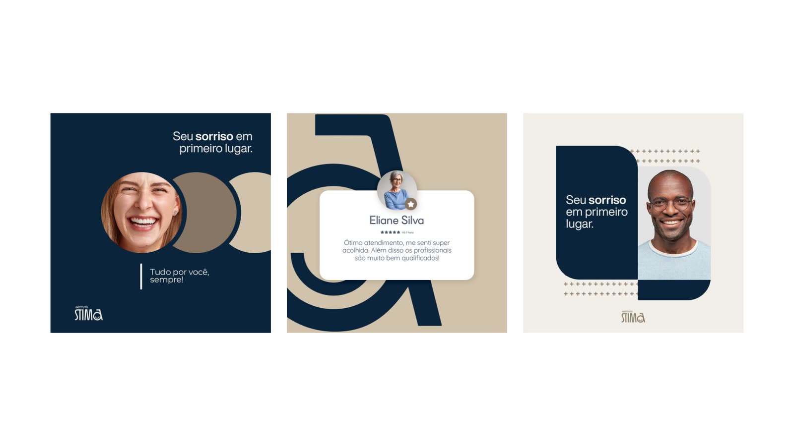 Three STIMA social media posts in navy, sand and linen