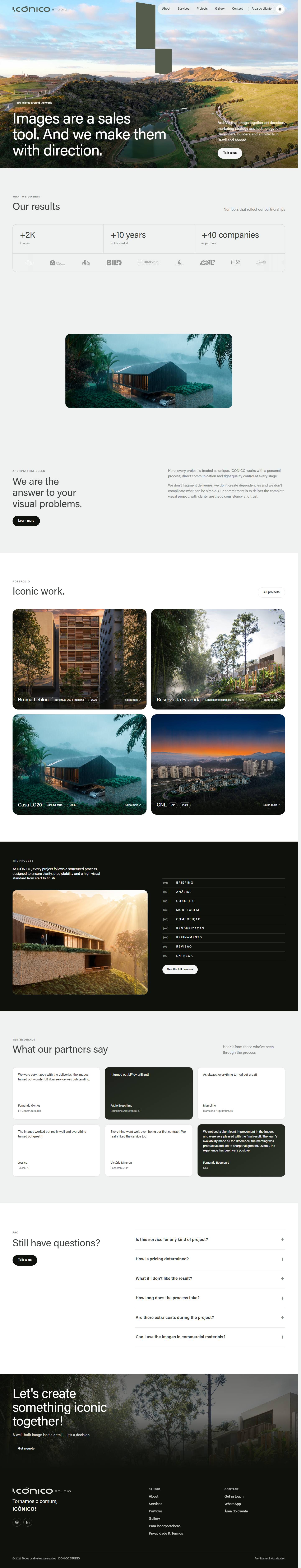 The Icônico Studio website, from top to footer